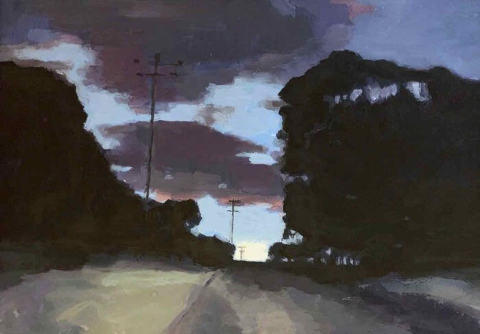 SOLD David Moore Nightfall Castlemaine 28 x 38cm gouache $1,900 framed