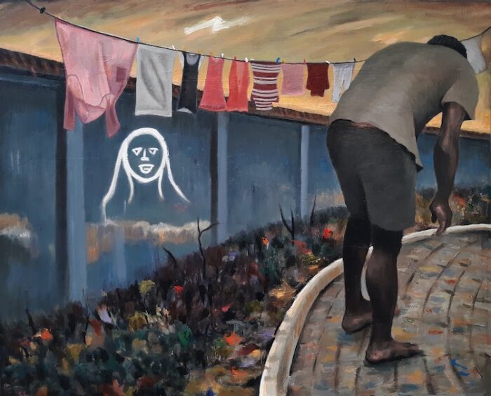 Steve Lopes Backyard Figure II , oil on board45cm x 55cm, 2020