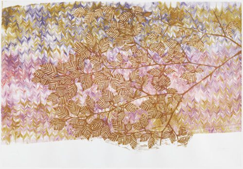 Lucinda Tanner Valued at Zero; Revivify, 2022 112 x 76cm woodcut, marbling on Somerset 300gsm unique state