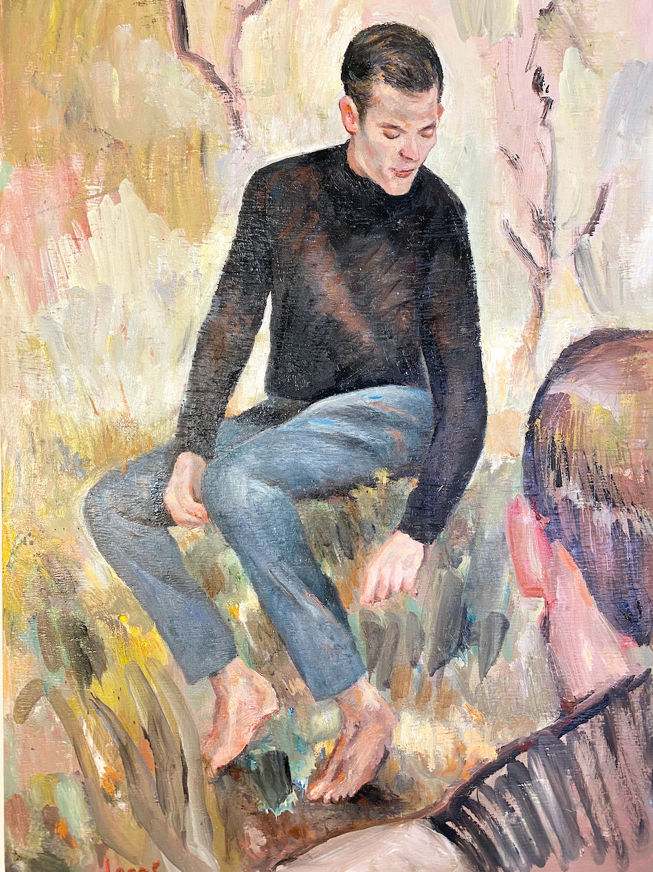 Steve Lopes Figure sitting, oil and tempera on board, 29cm x 39cm, 2021, $2400