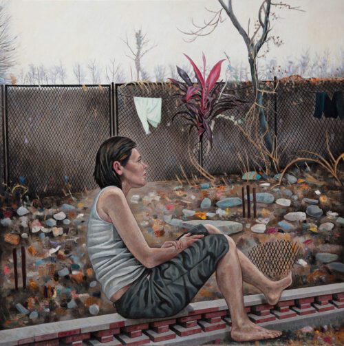 Steve Lopes, Woman with Tropical Plant, 2021, oil on canvas, 130 x 130cm $12000