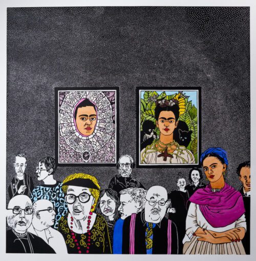 Sue Poggioli Homage Frida Kahlo 2022 Hand Coloured Linocut 60 cm x 60 cm $1100 uf