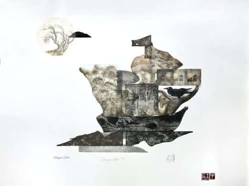 Elmari Steyn Denizen Ship I, 2020 multiplate etching, aquatint chine-colle hand colouring with 23k gold leaf paper size 56 x 76cm $1,700