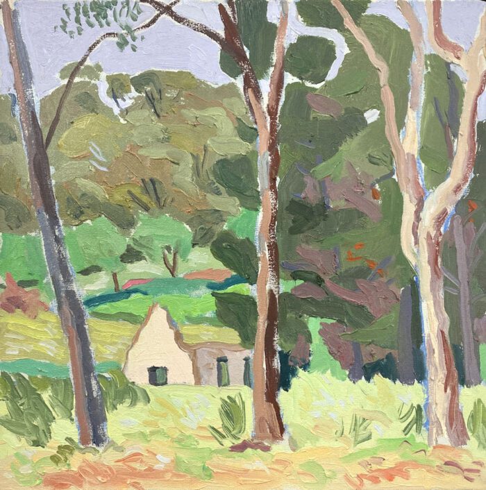 Mark Dober Cottage Ruin With Three Trees (Chewton), 2020 oil on canvas 40 x 40 cm $3000 f