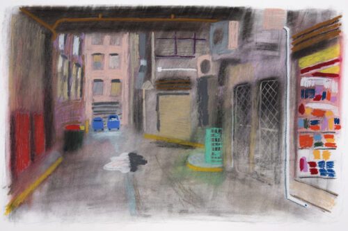 Jim Pavlidis City Lane 60 x 90cm oil pastel and charcoal $2200f