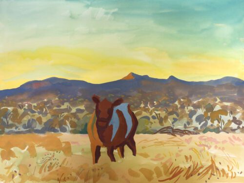 Mark Dober Cow looking (sunrise), gouache on paper, 56 x 76, 2023, $3000