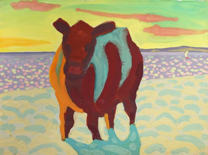 Mark Dober Cow (with sea view), gouache on paper, 28 x 38, 2023,$1100