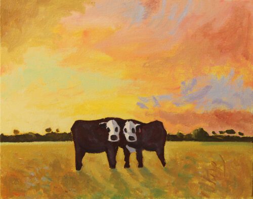 Mark Dober Two cows, at sunset, oil on canvas, 40 x 50, 2023, $3450