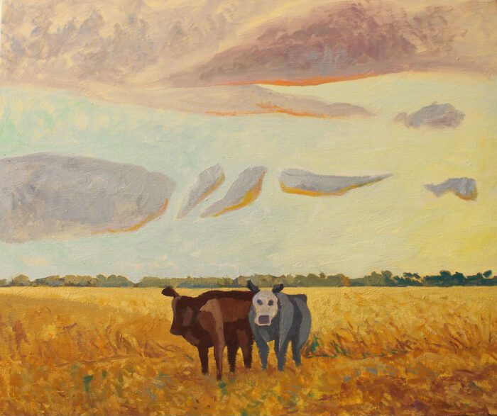 Mark Dober Two cows, in a pastoral landscape, oil on canvas, 2023, 76 x 92, $6700