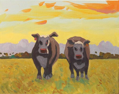 Two cows watching, oil on canvas, 40 x 50, 2023, $3450