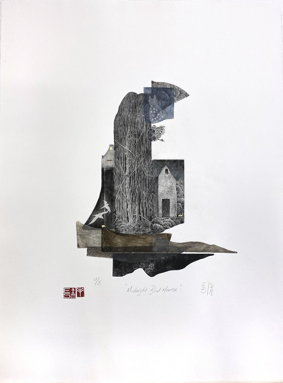 Elmari Steyn Midnight Boat House I, 2020 multiplate etching, aquatint and chine-colle, hand colouring with 23k gold leaf paper size 56 x 76cm $1,700