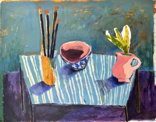 Moli Carew Still life with brushes’ 75 x 95 cm approx mixed media on arches paper $1,850