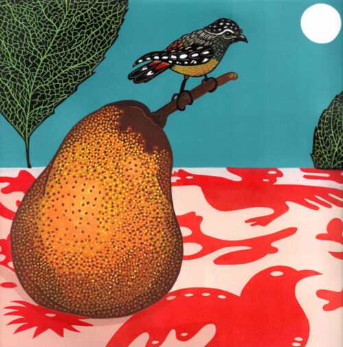 Gwen Scott Pear and Pardalote nocturne reduction linocut 2023 image 30 x 30 cm $450uf $595f