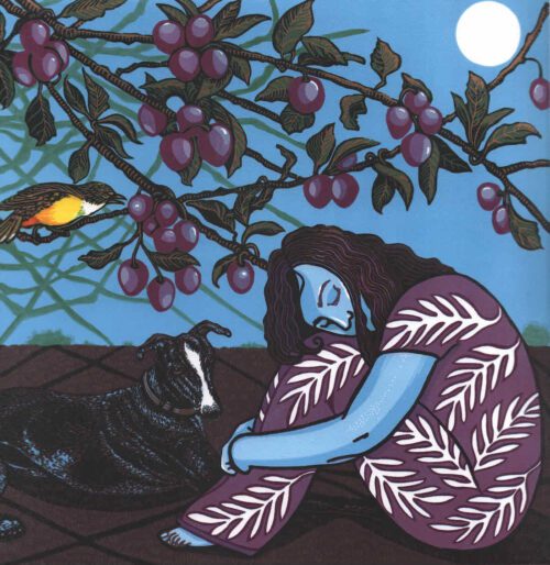 Gwen Scott Plum nocturne 2023 reduction linocut 2023 image size 30 x 30 cm $450uf $595f