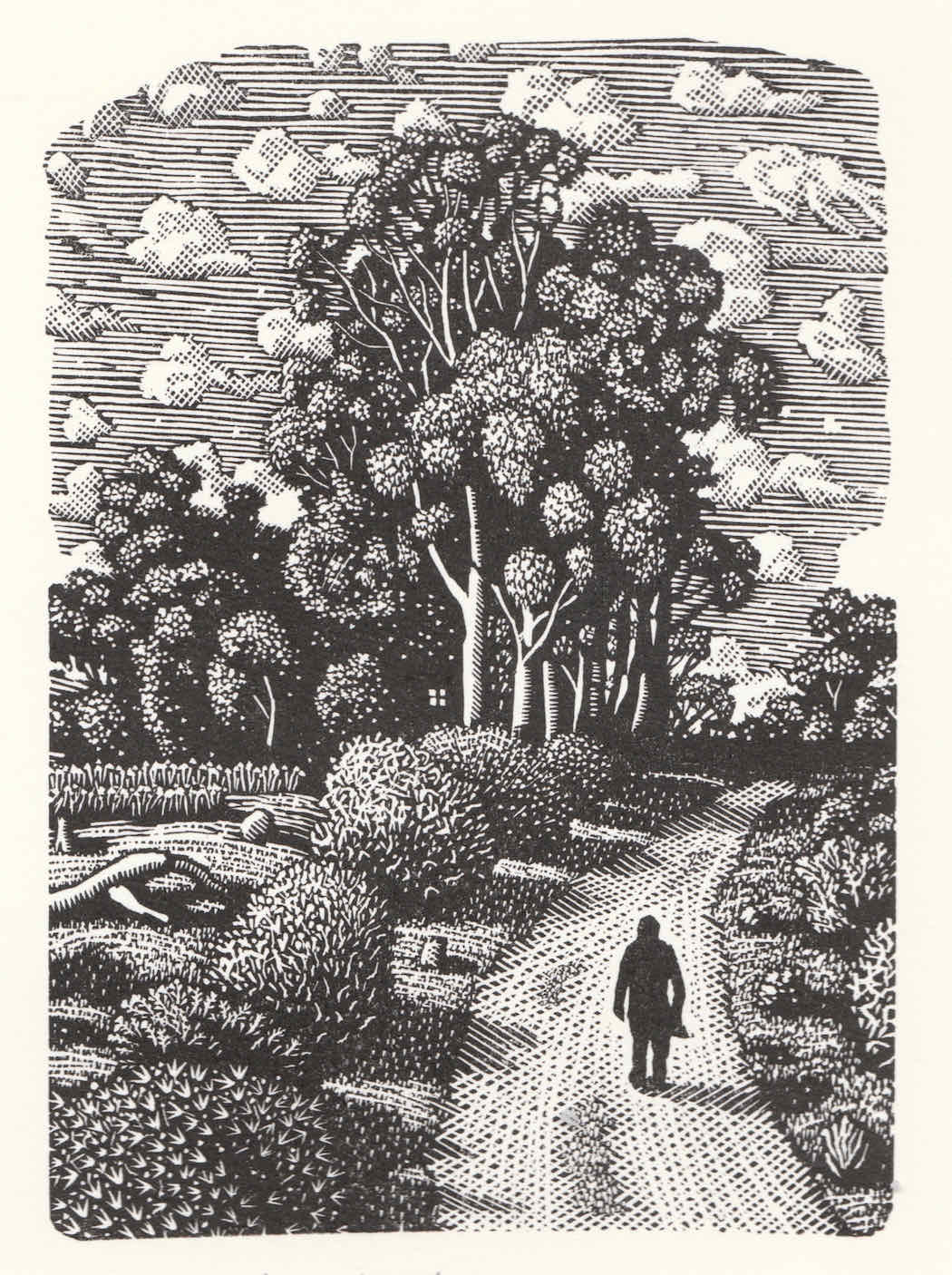 David Frazer The Short Walk Home wood engraving home 2023 wood engraving 11.5x8.2cm $450 UF $570f