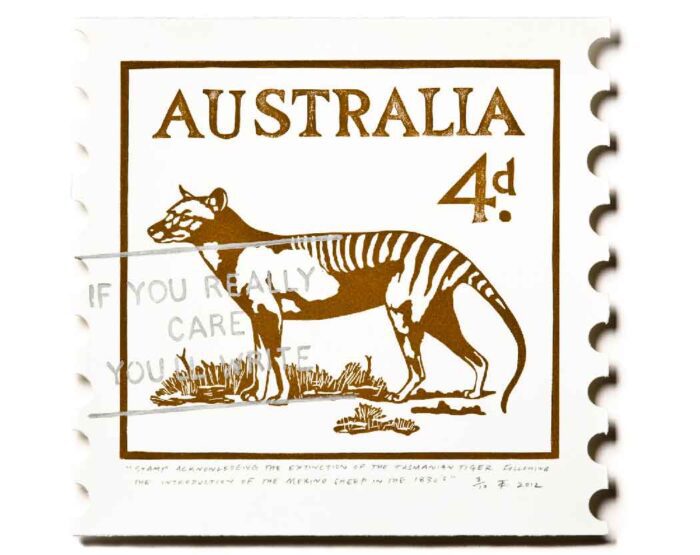 Stamp acknowledging the extinction of the Tasmanian Tiger following the introduction of the Merino sheep in the 1830’s