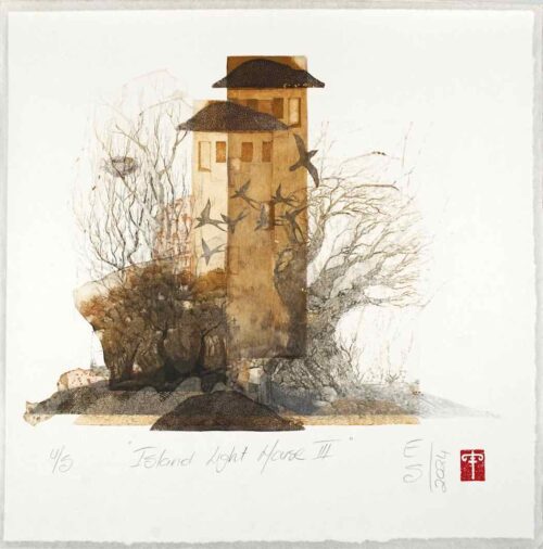 Elmari Steyn Island Light House III Multi-plate Etching, Aquatint and Chine-collé, Hand colouring with 23k gold leaf 31.5 x 31.5cm $850 f