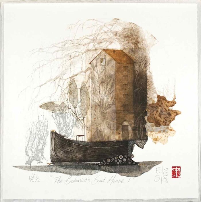 Elmari Steyn The Botanists Boat House I Multi-plate Etching, Aquatint and Chine-collé, Hand colouring with 23k gold leaf 31.5 x 31.5cm $850 f