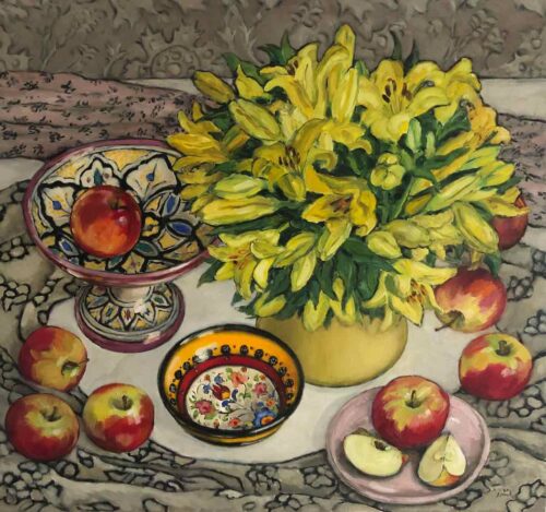 Marian Blank Yellow Lilies with Apples oil on board 60x56cm $2,200 f