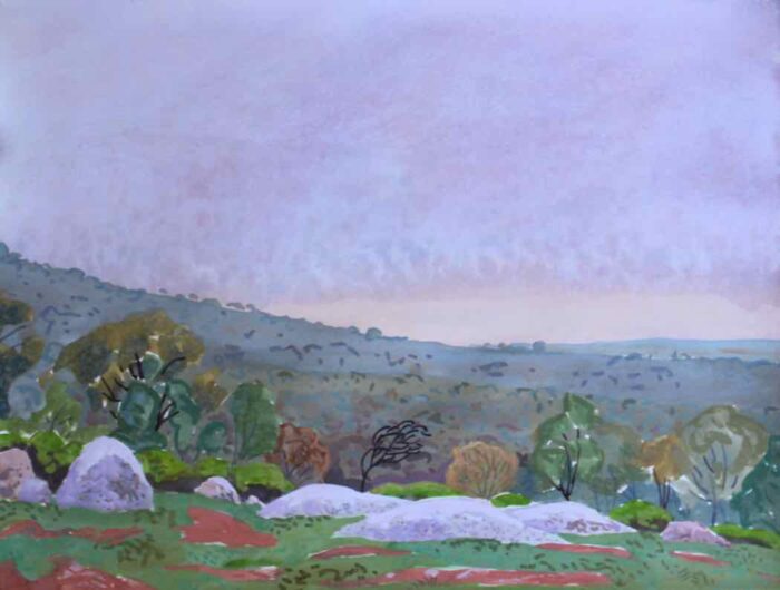 Mark Dober You Yangs in the Mist gouache on paper 56 x 76 cm $3,000 f