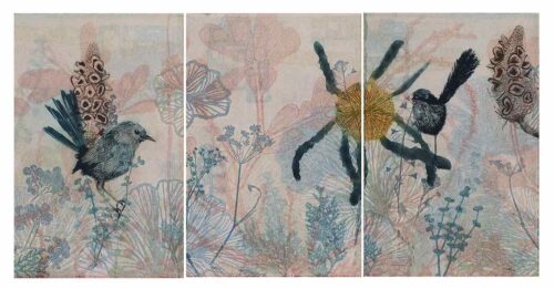 Trudy Rice Garden Chime Triptych multi solar plate etching and monotype work on paper 38 x 84 cm $1,950 f