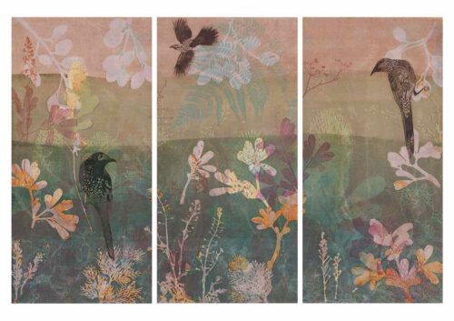 Trudy Rice Whispering Wattlebirds Triptych multi solar plate etching and monotype work on paper 79 x 120 cm $4,950 f