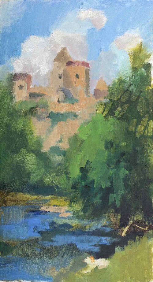 Lana Daubermann Lunchby the Dordogne oil on plywood 26.5 x 14.5 cm $695 framed