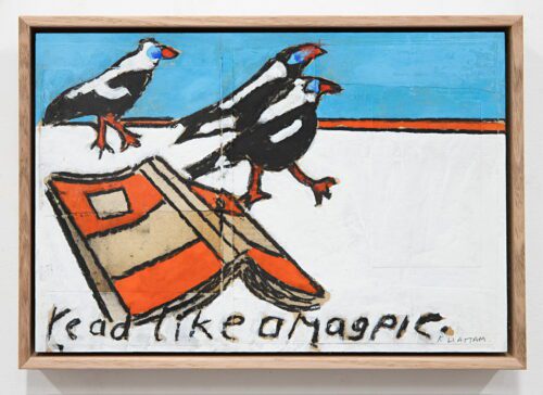 Read like a Magpie 22 x 31 cm Mixed media on board $1100 framed Katherine Hattam